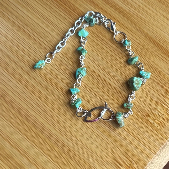 Turquoise white gold charms rosary link adjustable dainty bracelet - Picture 4 of 9
